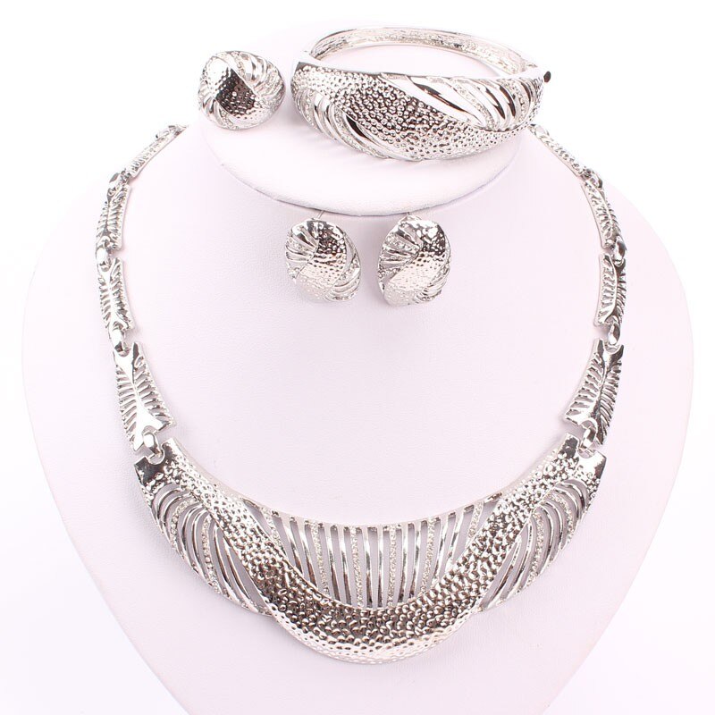 Feine Schmuck setzt Hochzeit Gold Kristall Halskette einstellen Party Frauen Afrikanische Perlen Braut Ring Armbinde Ohrringe Zubehör: silber-