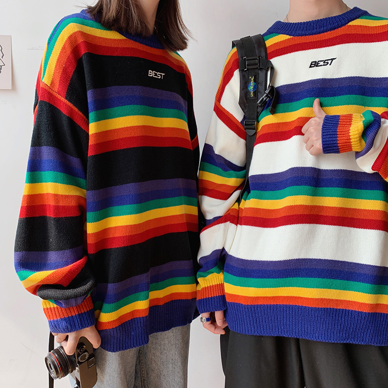 Mannen Truien Truien Gestreepte Losse Koppels Koreaanse Stijl Leisure Uitloper All-Match O-hals Studenten Chic Harajuku Ulzzang