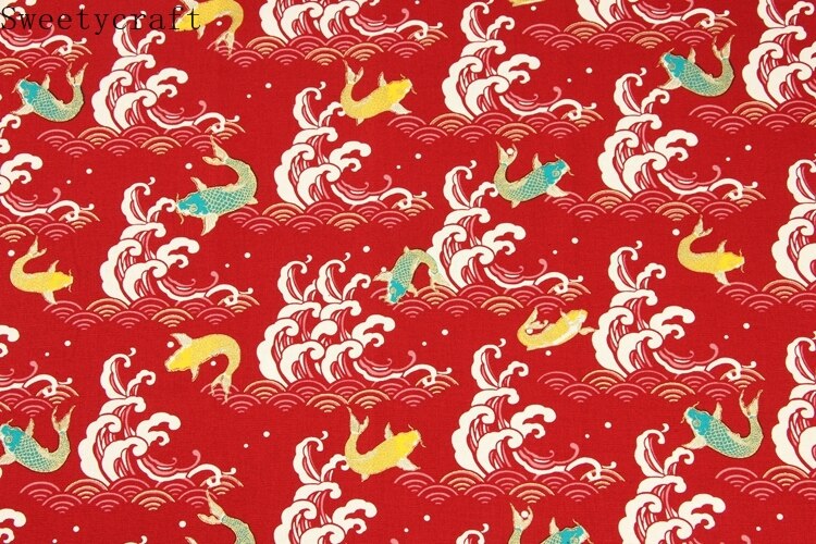 110x45cm Thick cotton fabric by Yard Waves Fish prints Cloth DIY Handmade Sewing Bag Patchwork Material Accessories Home Textile