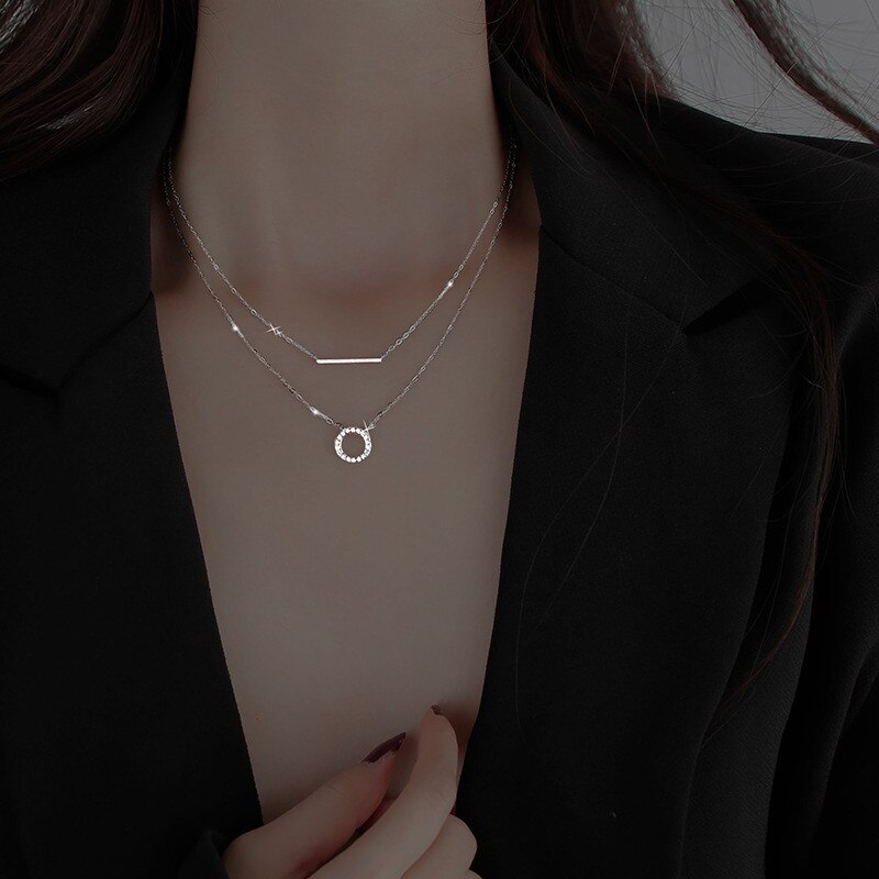 925 Sterling Zilver Geometrische Choker Ketting Voor Vrouwen Eenvoudige Dubbele Lagen Ronde Stok Bar Sleutelbeen Chain Party Accessoires: silver