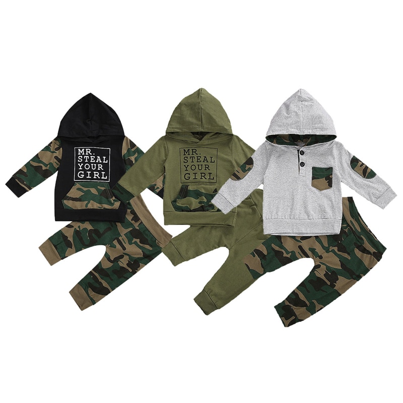 Babykläder Set för Pojkar - Kamouflageprint Huvtröja Långärmad Pullover Topp + Byxor 2-delat