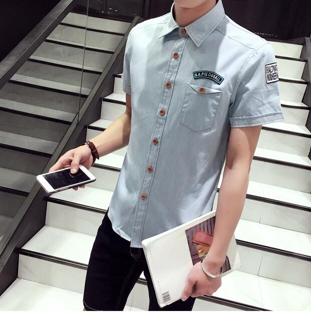 Jeansskjorta herr sommarstil kortärmad fritidsskjorta smal bomull camisa social masculina storlek 3xl: Ljusblå / S