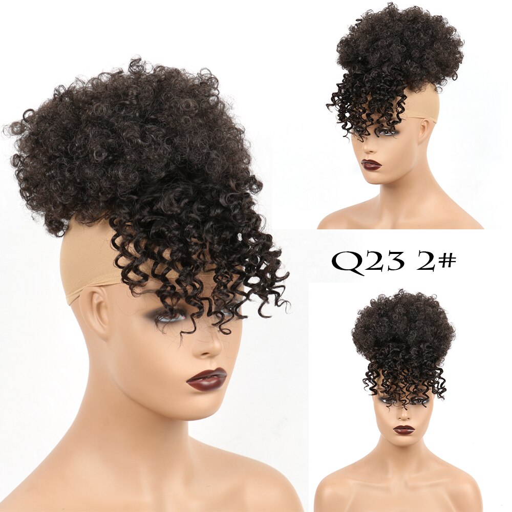 Afro High Puff Hair Bun Ponytail Drawstring With Bangs Synthetic Short Kinkys Curly Pineapple Pony Tail Clip in on Wrap Updo: Q23 2