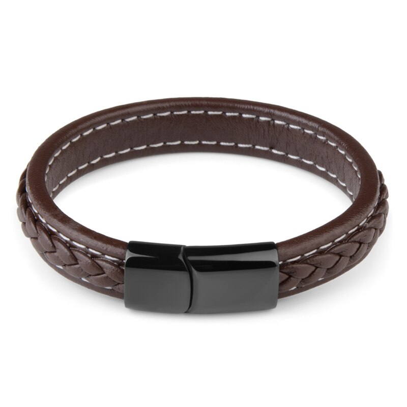 Stainless Steel Leather Bracelet Magnetic Clasp Charm Handmade Braided Accessories For Men: Brown / 22cm
