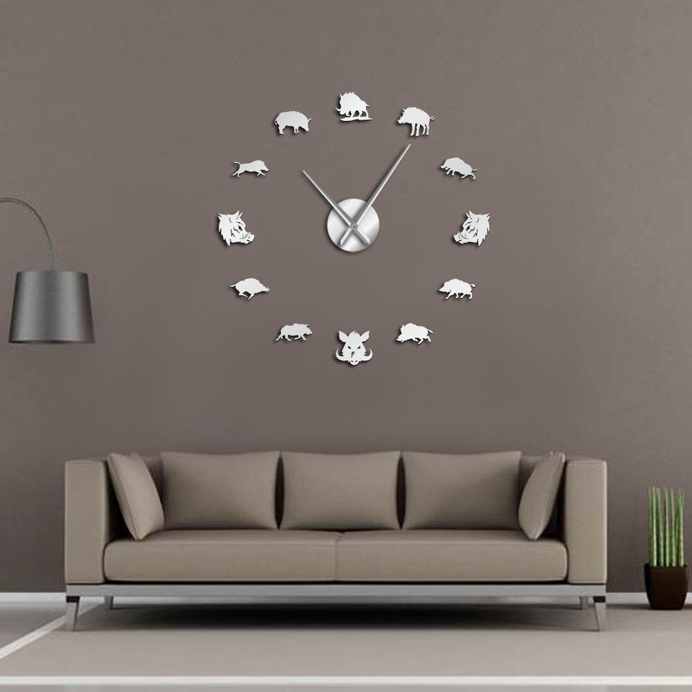 3D Sus Scrofa Wild Boar Figures Wall Art Mirror Stickers DIY Giant Mute Wall Clock Wild Pig Large Hanging Watch Hunter