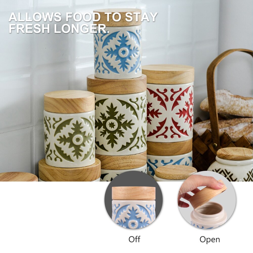 Ceramic Grain Canister Food Kitchen Sealed Storage Container Empty Storage Jar Dried Fruit Jar with Wooden Lid (Red)