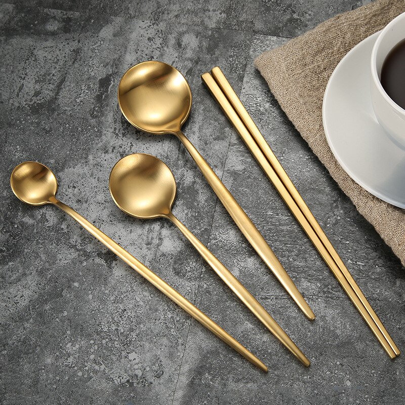 304 roestvrijstalen gouden besteksets, dinervork, mes, lepel, eetstokjes, serviesset, zilverwerk, servies