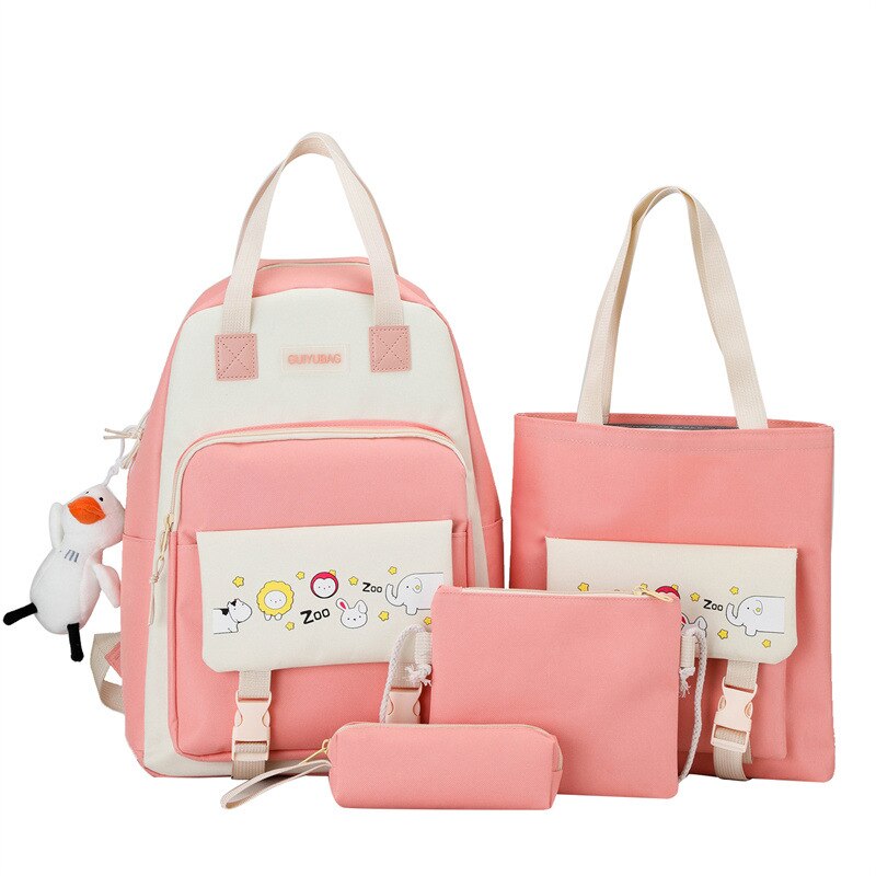 Qyahlybz 4 piece primary school student color matching bag middle school student backpack school children&#39;s girls backpacks: pink  with duck