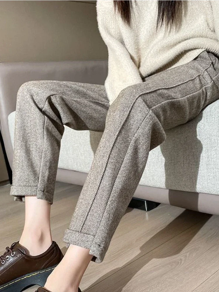 Pantalones rectos de Tweed de cintura alta para mujer, pantalón corto grueso y cálido, holgado, informal, en espiga, otoño/invierno, 2025: S / COFFEE