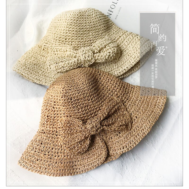 Handgemaakte 100% Raffia Boog Zonnehoed Brede Rand Floppy Zomer Hoeden Voor Vrouwen Beach Panama Stro Koepel Emmer Hoed femme Schaduw Hoed
