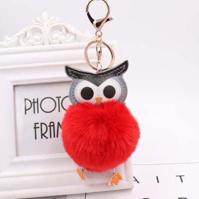 Sød pompon ugle nøglering pom nøglering kanin pels bold pompon fluffy læder nøglering plys nøgleringe: Lyserød