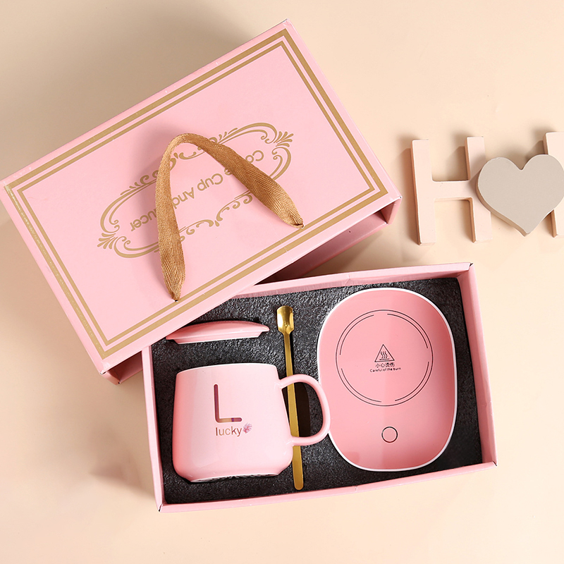 Set de de Navidad: 55 ° Taza de cerámica con retención de calor C con tapa y cuchara – Taza de café portátil para uso en oficina o en el hogar