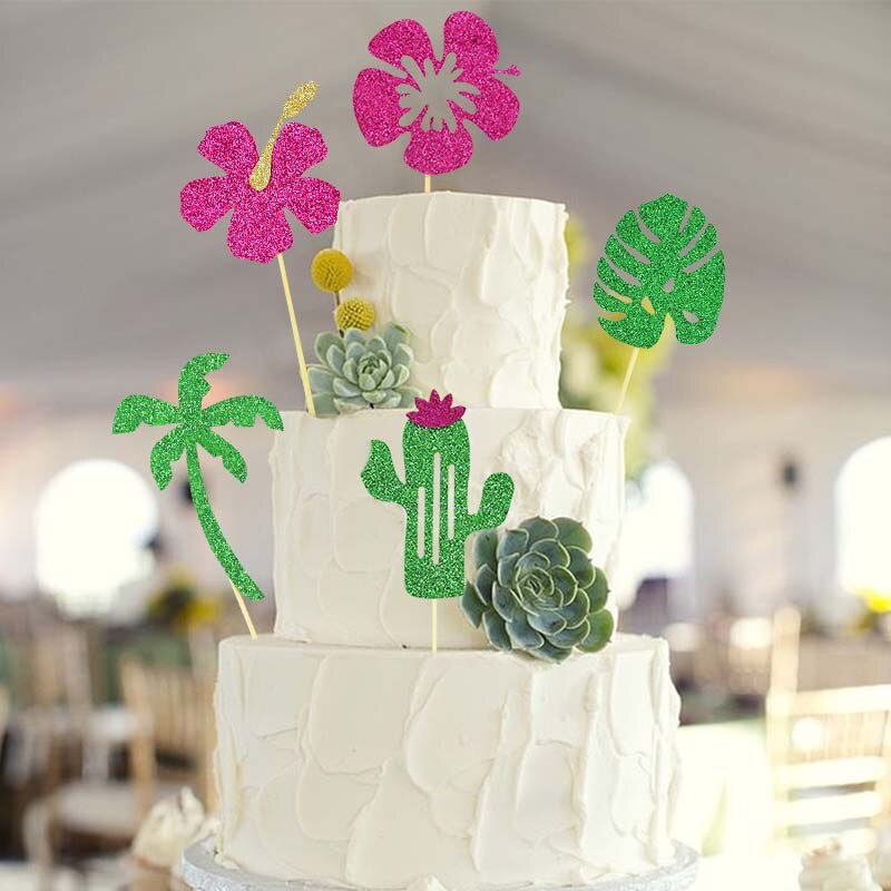 10pcs Glitter Paper Cake Topper Coconut Flamingo Cactus Flowers Leaf Cupcake Toppers Baking Decor Birthday Hawaii Party Supplies