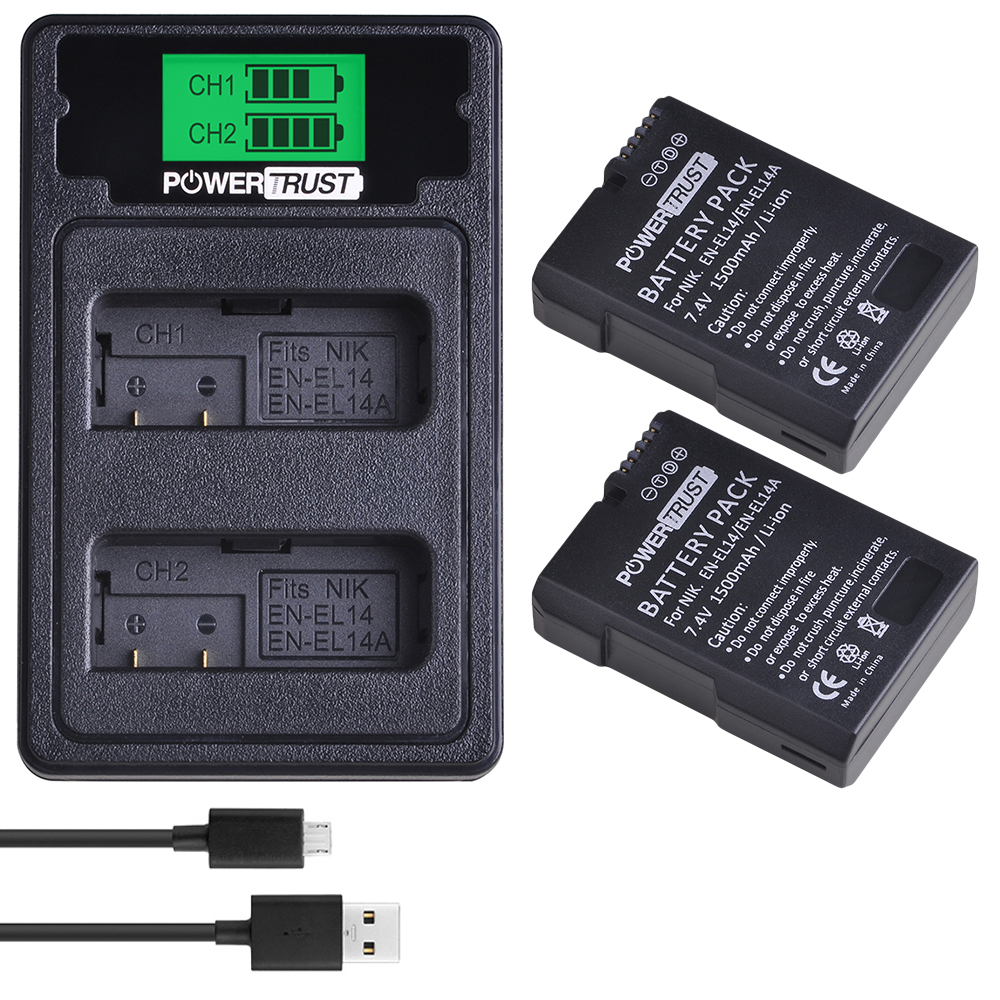 EN-EL14 EN-EL14A Battery+LCD USB Dual Charger with Type C Port for Nikon D3100 D3200 D3300 D3400 D3500 D5600 D5100 D5200 P7000: 2B with charger