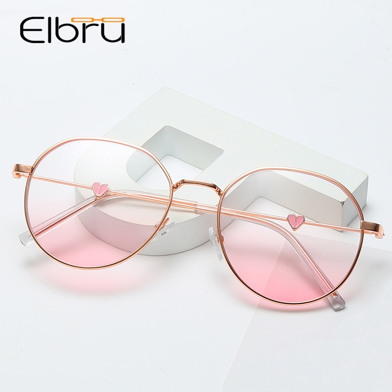 Elbru Cute Love Heart Glasses Frame Girls Women Gradient Pink Metal Optical Glasses Myopia Student Spectacle Frames for Female