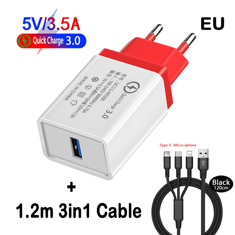 18W US EU Portable Mobile Phone Charger QC 3.0 Fast Charger Adapte For iphone Samsung Huawei Xiaomi: EU 3in1 Cable Red