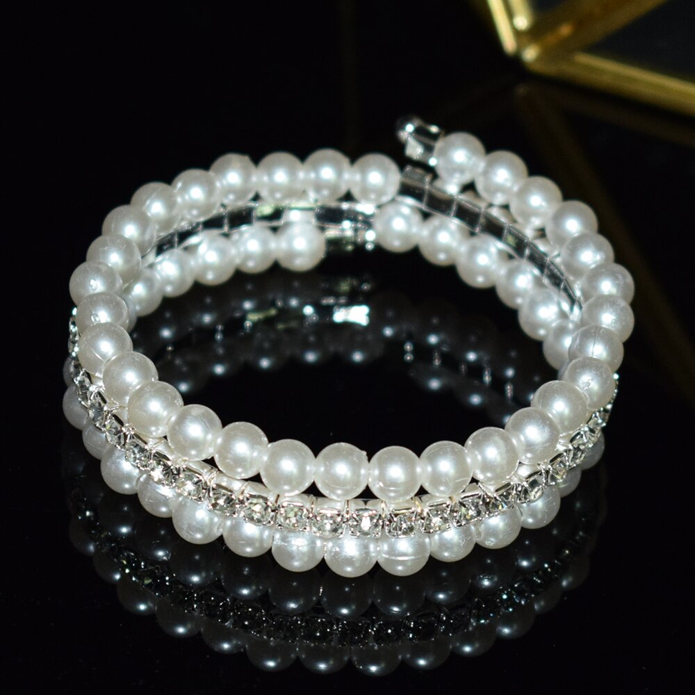 Elegante braccialetto di perle di cristallo multistrato estensibile braccialetto di perle per le donne polsini braccialetti strass gioielli da sposa Accessori: SL-1128-silver
