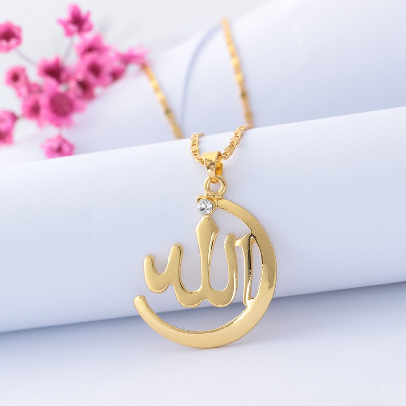 Simple Muslim God Necklace Gold Silver Alloy Allah Pendant Necklace Charm Mosaic Zircon Pendant Jewelry Women Men