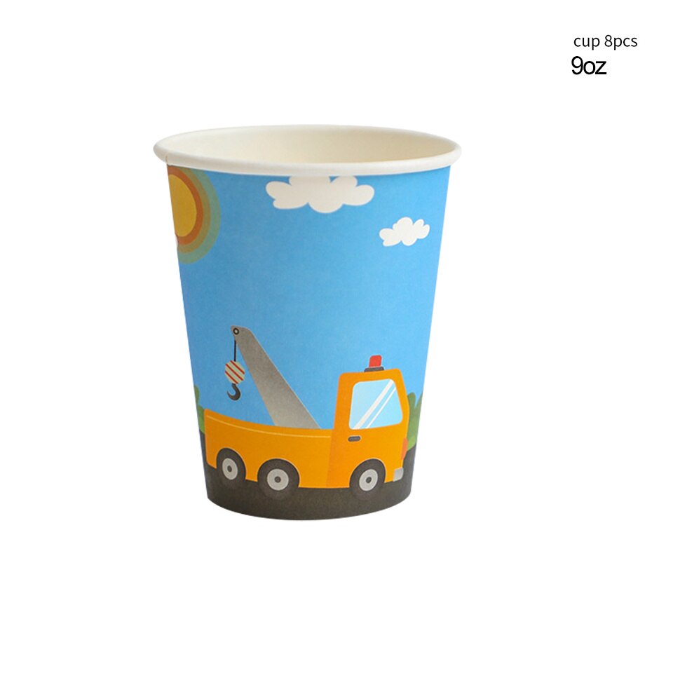 1set Carton Construction Pelle Bulldozer Jetable Vaisselle Assiettes En Papier Tasses pour garçon Joyeux Anniversaire Fête Décoration D&#39;approvisionnement: 8pcs cups