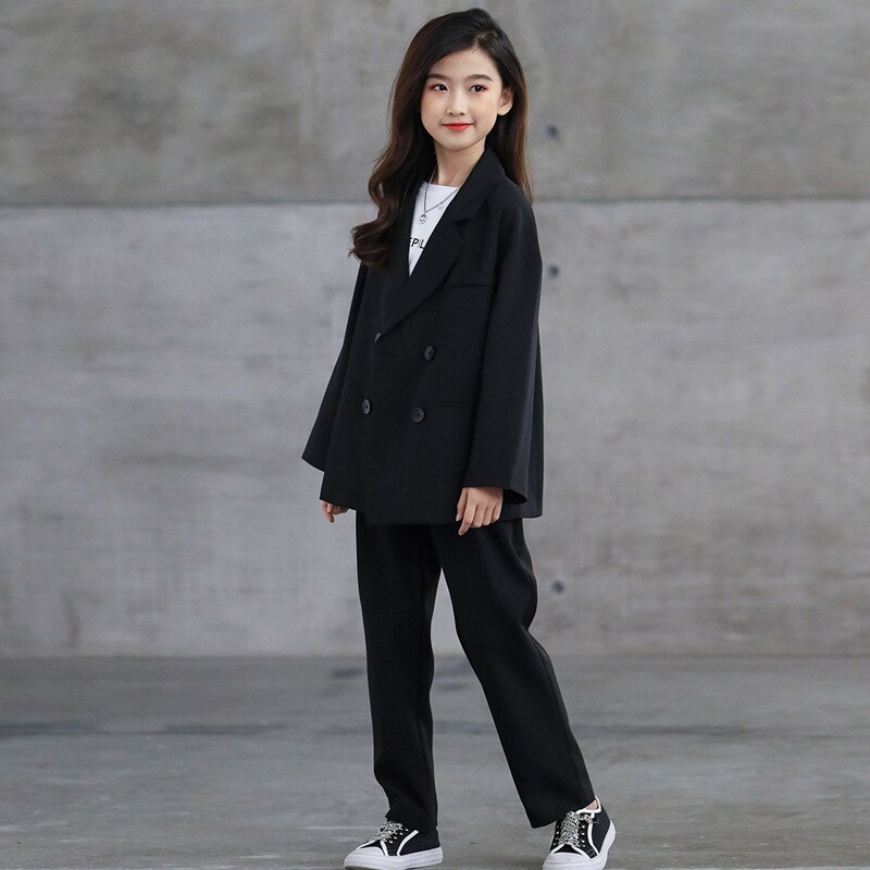 2022 novas crianças meninas meninos ternos coréia streetwear moda casual solto duplo breasted terno blazers jaqueta calça crianças adolescente