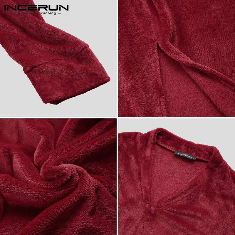INCERUN Couple Flannel Home Clothes Soft and Comfort Long Pullover Bathrobe Pajamas Pullover Thermal Dressing Gown 5XL