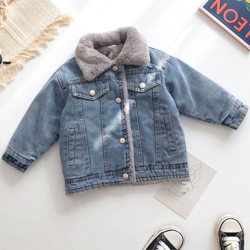 Girls Faux Fur Denim Jacket Plush Denim Shirt Toddler Boys Winter Short Coat Kids Jackets for Girls Long Sleeve Single Breasted: 3T(100)