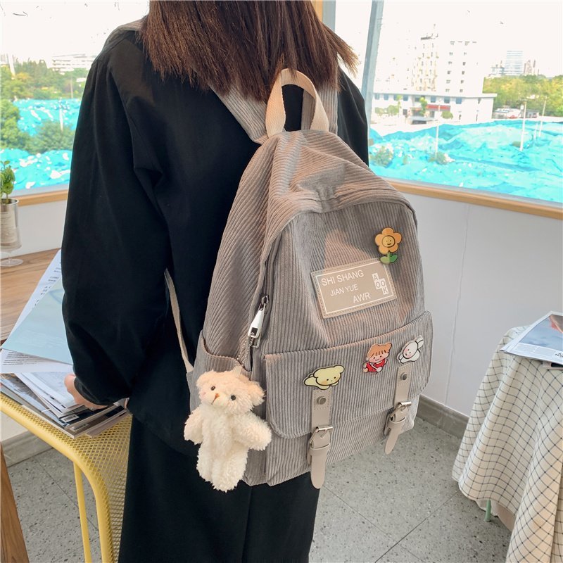 Cute Corduroy Backpacks for School Teen Girls Patchwork Colorful Bagpack Kids School Bags Double Buckles Travel Knapsack H246