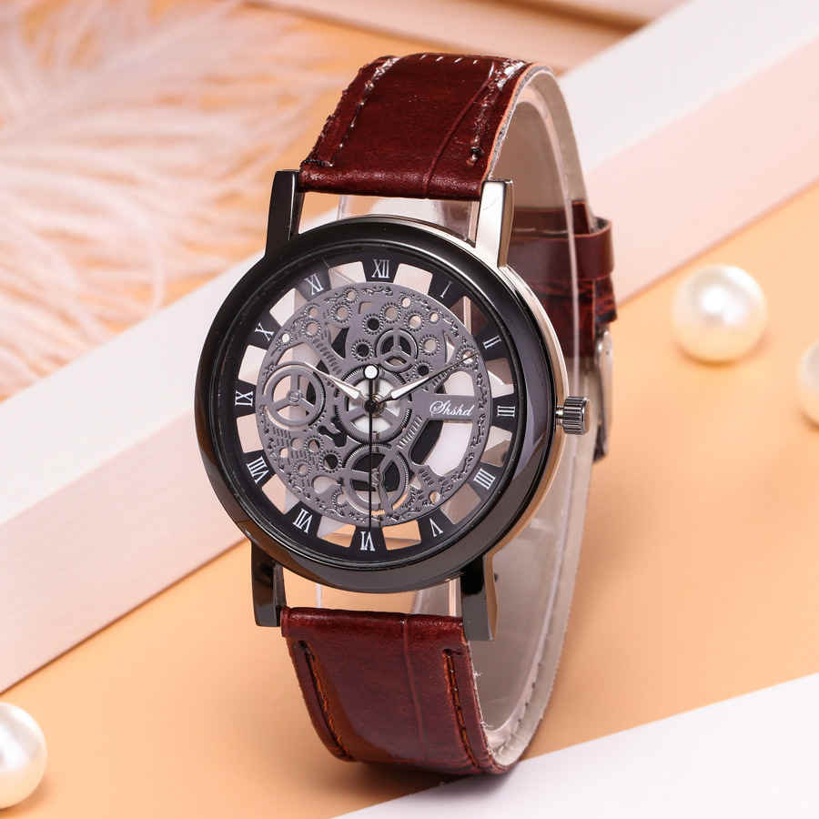 Foloy Watch For Men PU Leather Band Hollowing out Analog Alloy Quartz Wrist Watches Men Watch Clock