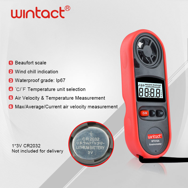 WT816A Portable Anemometer Water Proof IP67 Wind Speed Anemometro Temperature Gauge Meter 30m/s with LCD Backlight Display