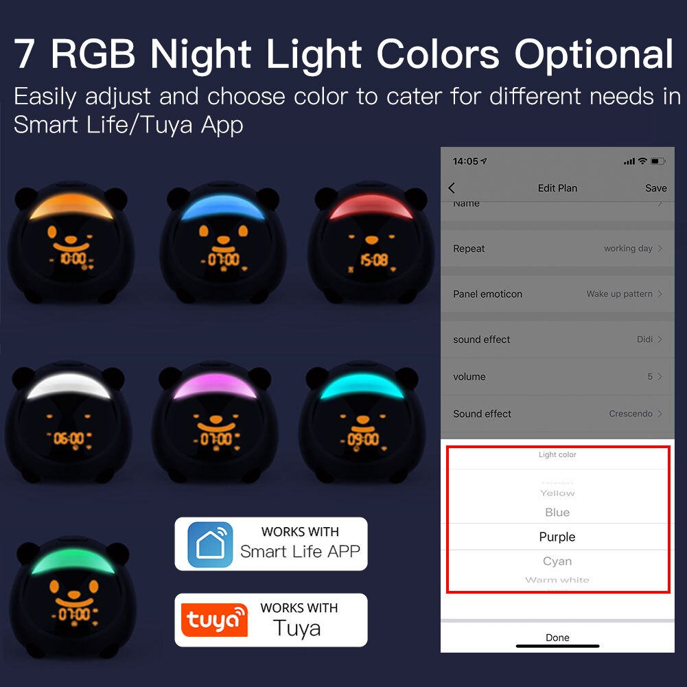 Wifi Smart Kids 'Alarm Slaap Trainer Klok Licht Geluid Uitdrukking Slimme Leven Tuya App Voice Control Met Alexa Google Thuis