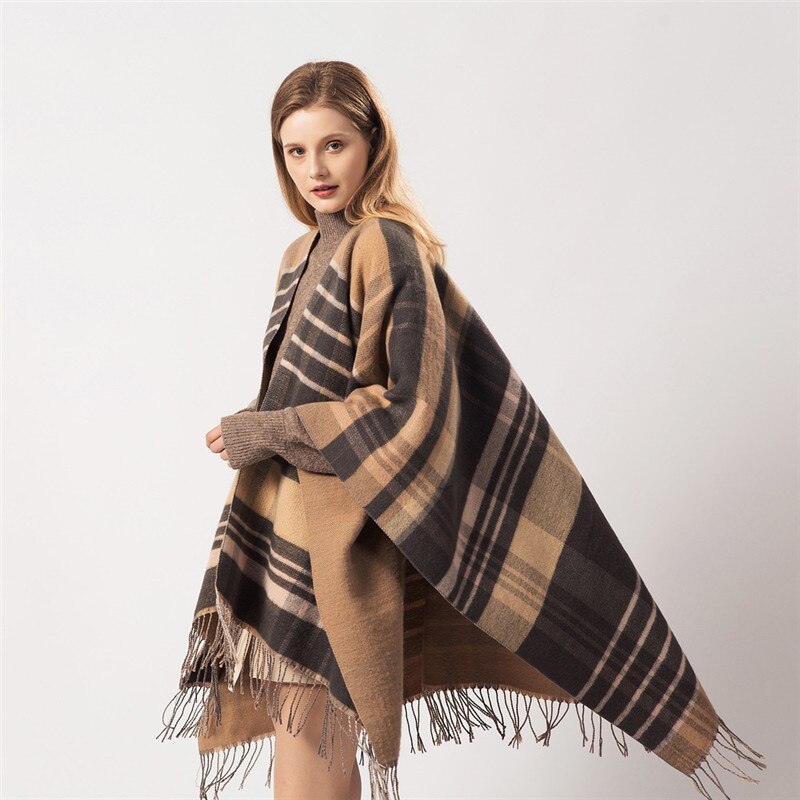 Efterår vinter plus size varme stribede ponchoer og kapper til kvinder oversized sjaler omslag cashmere pashmina kvindelig bufanda