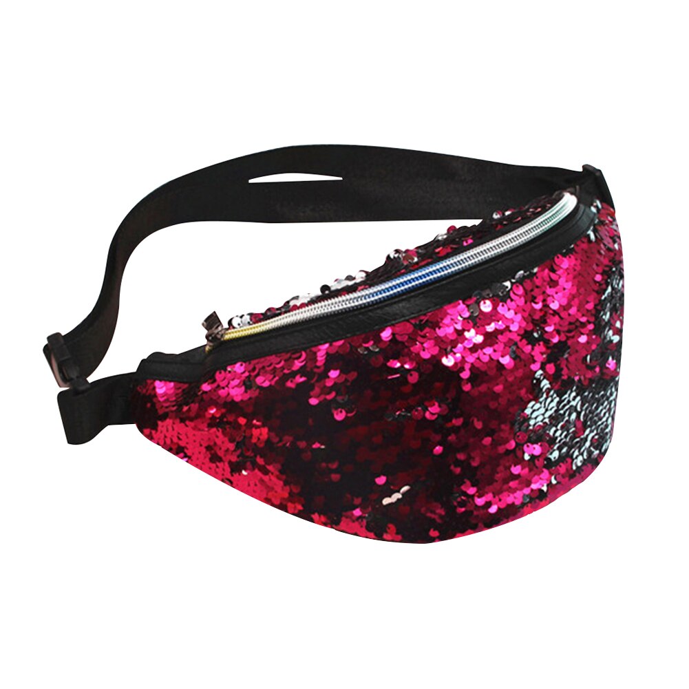 Sequins Fanny Waist Bag Women Colorful Shoulder Crossbody Bags Zipper PU Glitter Chest Belt Pack Outdoor Travel Pouch: Rose Red