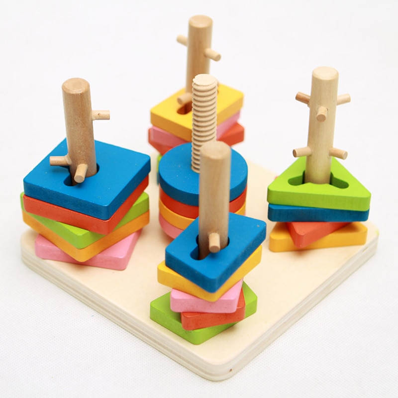 Baby Wooden Toys Materials Educational Geometry 5 Pillar Matching Color Shape Wooden Toy