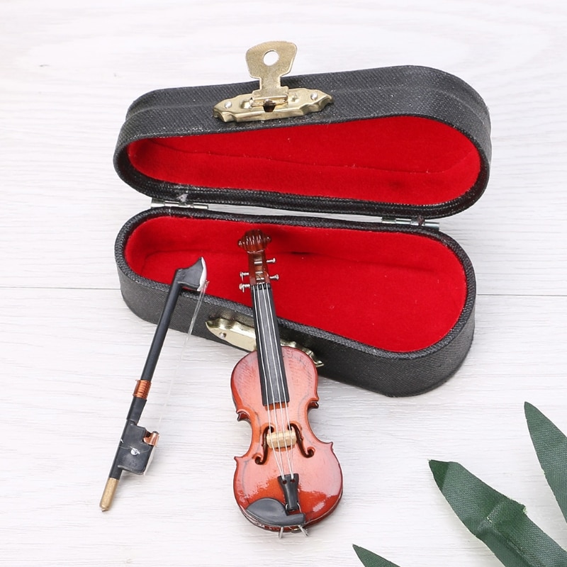 7CM Mini Viool Miniatuur Muziekinstrument Houten Model met Ondersteuning en Case