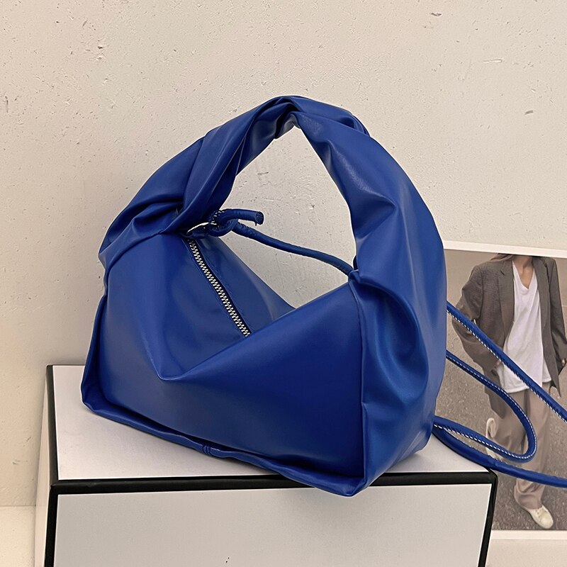 Korean Style Summer New Soft PU Leather Hobo Shoulder Bag Fashion Pleated Handle Handbag for Women Designer Crossbody Bag Female: Blu