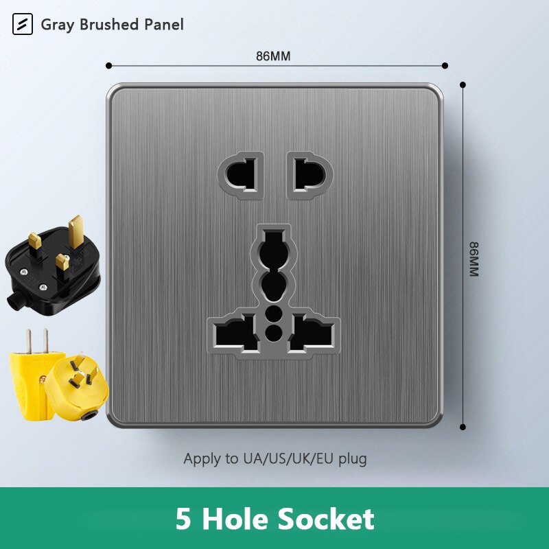 Atlectric Usb Wall Socket Standard Electrical Socketes Gray brushed Panel Multi-function Socket With Switch For Home AC110-250V: 5HD