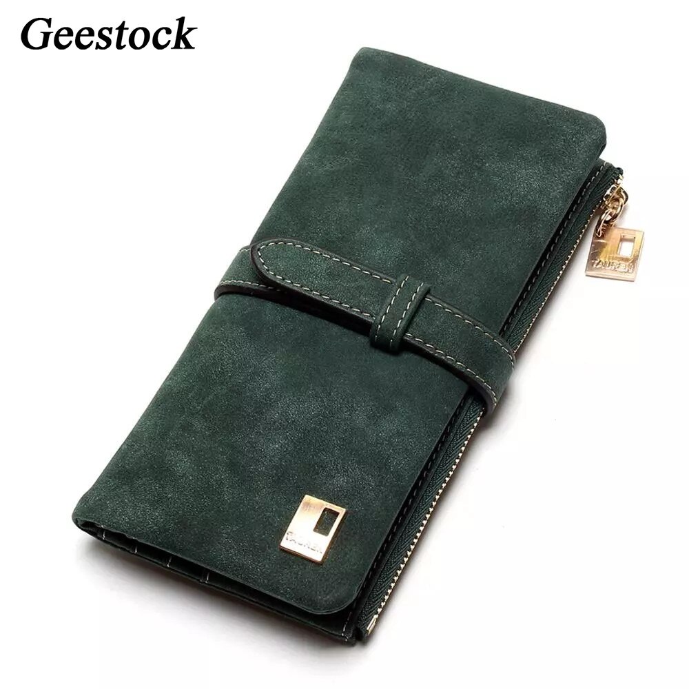 Geestock Frauen Geldbörsen Lange Geldbörse Zwei Falten Frauen Brieftaschen Kordelzug Nubuk Leder Zipper Wildleder frauen Lange Purs: Green