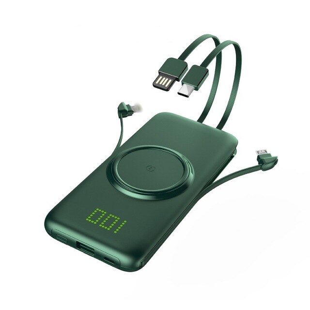 20000mAh Wireless Power Bank For Xiaomi iphone powerbank 10000mAh Invisible Power Display Portable External Battery With Cable: 20000mah / Green