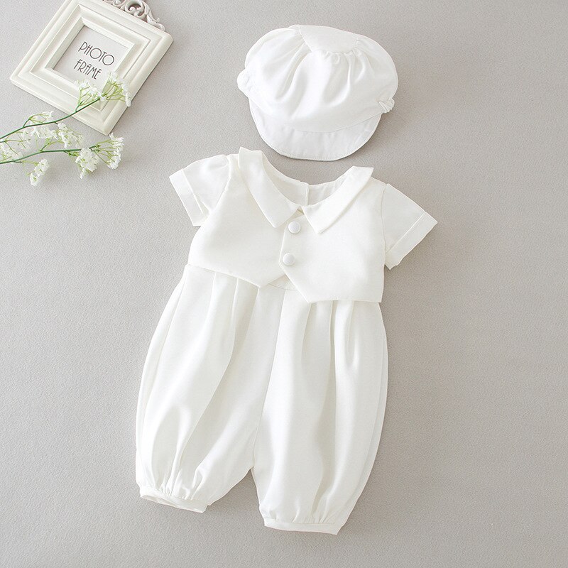 Baby Boys Christening Outfits For Birthday Party Romper + Hat Formal Gentleman Suits Baptism Boy Church Clothes