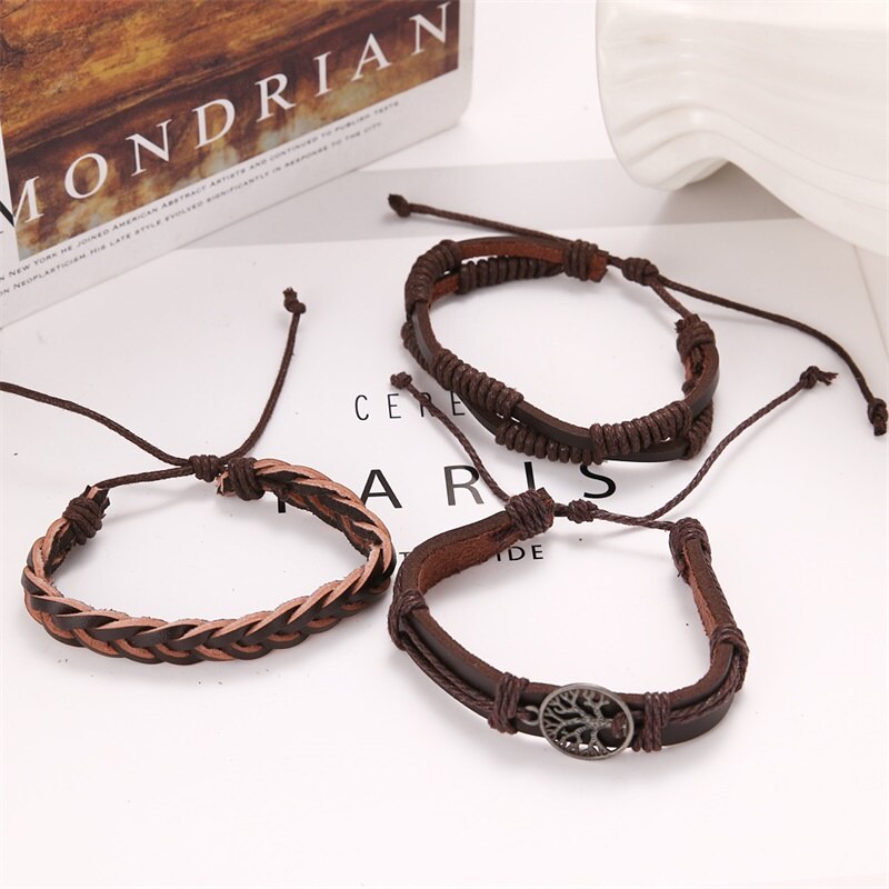 Daxi boom retro multi-layer leren armband heren klassieke touwketting bedelarmband heren sieraden