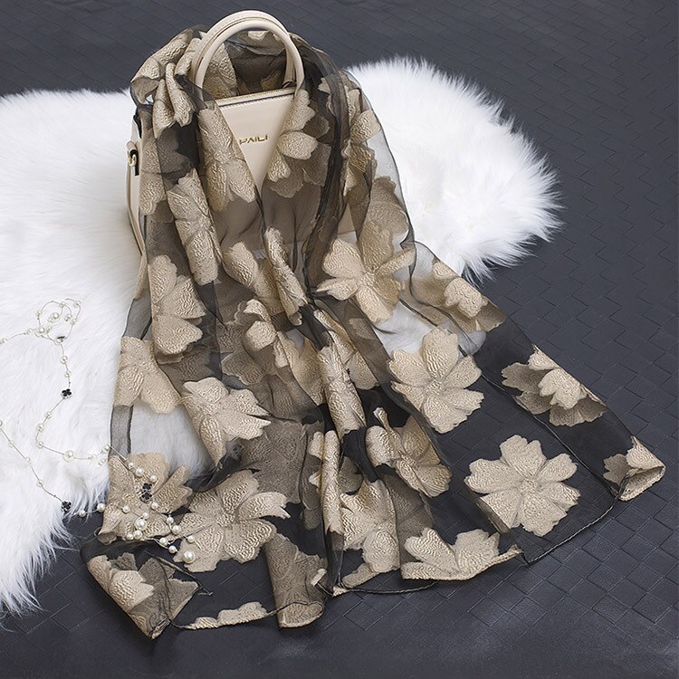 printemps Organza soie écharpe femmes de luxe broderie longue écharpe Hijab hiver dentelle foulards châle pour fille accessoires