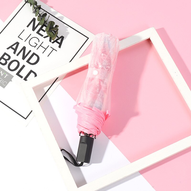 Transparent Women Folding Umbrella Female Luxury Business Rain Umbrella with Sakura Print Windproof Girls Clear Parasol: Pink