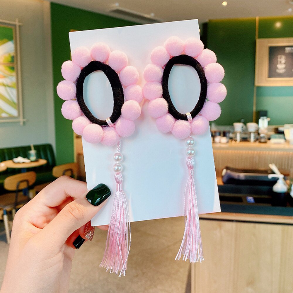 2Pcs Pompom Balls Tassel Elastic Hair Bands for Girls Ponytail Holder Scrunchies Baby Kids Elastic Rubber Band Hair Accessories: 5