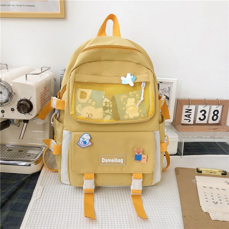 Nowe wiele kieszeni wodoodporny plecak nylonowy kobiet o dużej pojemności Kawaii tornister dla nastoletnich dziewczęca torba podróżna Mochila Bookbag: YELLOW / NO bear Pendant