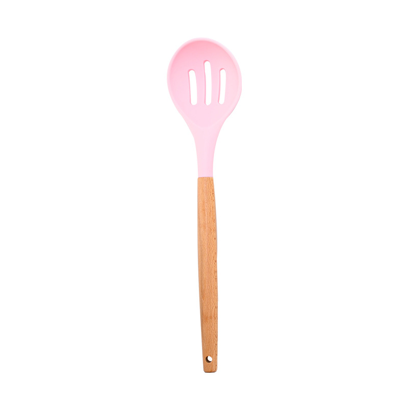 Non-Stick Silicone Spoon With Wooden Handle Slotted Serving Spoon Heat-Resistant Cooking Utensil Soup Spoons For Kitchen Baking: Pink
