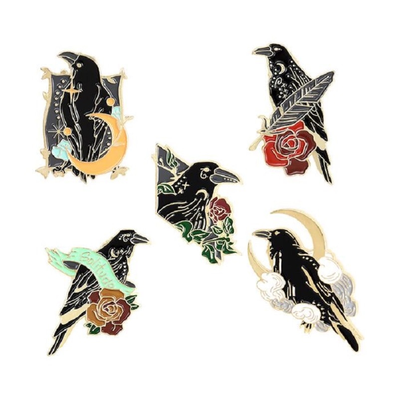Punk Gothic Crow Raven Emaille Pins Vogel Veer Maan Bloemen Broches Tas Revers Badge Mode-sieraden Cadeau Voor Vrienden Kids