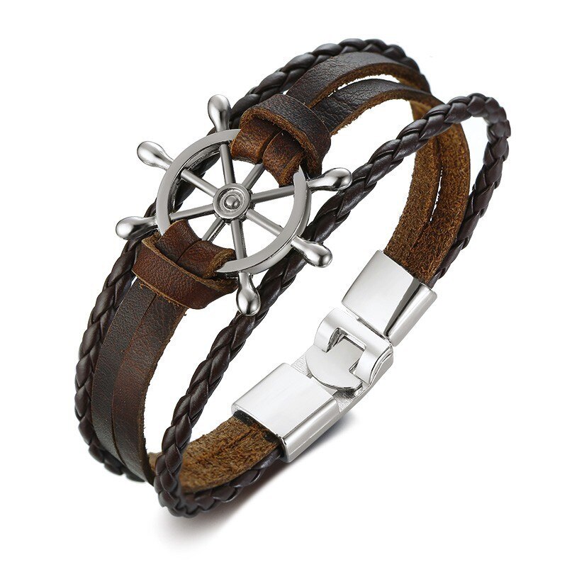 Pulsera de cuero multicapa con timón de marinero para hombre y mujer, brazaletes náuticos, brazalete Vintage,: BL-457Z
