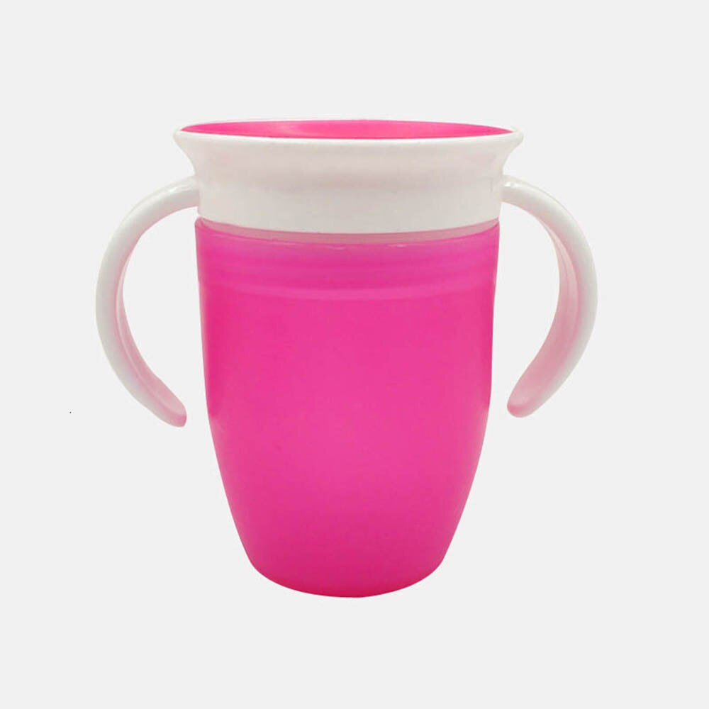 Botella mágica de alimentación de agua para niños a prueba de fugas de 360 grados, botella giratoria de aprendizaje para bebé, copa de plástico para beber con tapa abatible de doble manija: Pink