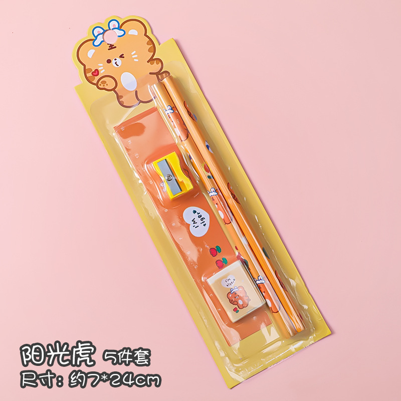 5 In 1 Cartoon Stationery Set Students Learn Pencil Sharpener Eraser Ruler School Drawing Tool Sketch Supplies Kindergarten