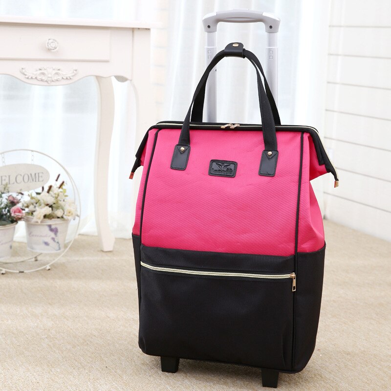 Women Large Capacity Travel Shoulder Tote Bag Spinner Multifunction Rolling Luggage Soft Oxford Lightweight Trolley Bag XA588F: Rose red